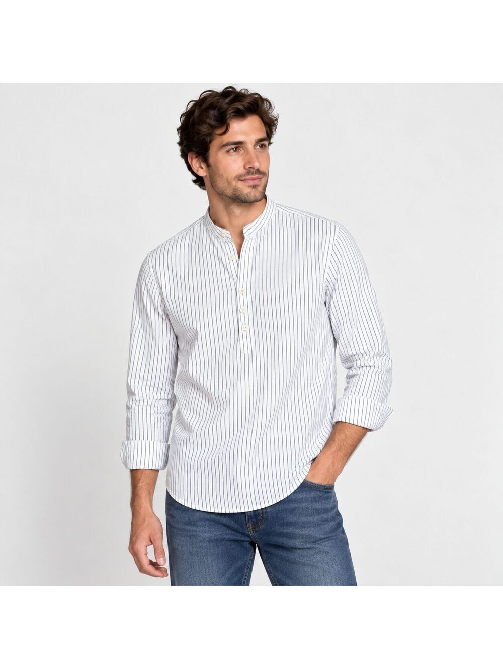 Zara Man White Blue Pinstripe Cotton Grandad Collar Popover Shirt L